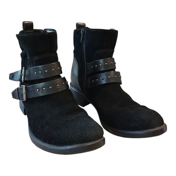 Clarks Artisan Swansea Grove Heeled Booties Womens Size 8 Black Ankle Biker - Picture 1 of 13
